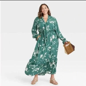 Ava & Viv Green Floral Long Sleeves Ruffle Detail Dress Plus Size 1X